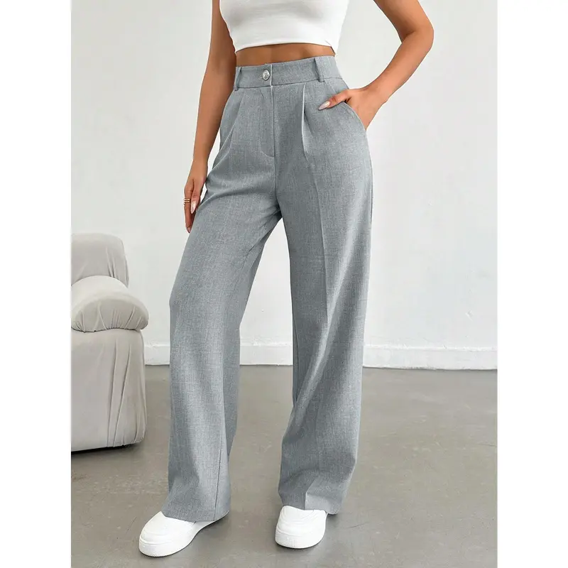 Women's Grey Melange Color High Waist Wide Leg Pants With Button And Zipper Details Fabric Fit Womenswear Bottom Comfort Trouser Wideleg Basic Casual Minimalist 3