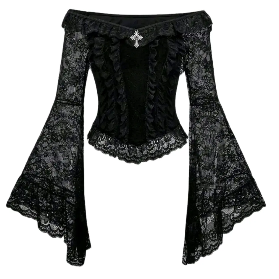 Gothic Retro Splice Lace Flare Sleeve Off Shoulder Velvet Blouse for Women - Shirts, Top Womenswear Comfort Long Sleeve