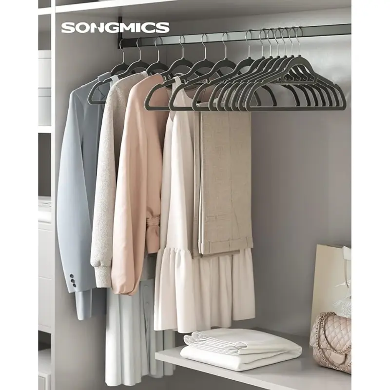SONGMICS Velvet Hangers, Set of 20 Clothes Coat Hangers, Non-Slip, with Tie Bar and 360° Swivel Hook, Space-Saving, 0.6 cm Thick, 43.5 cm Long, for Dresses Trousers 1