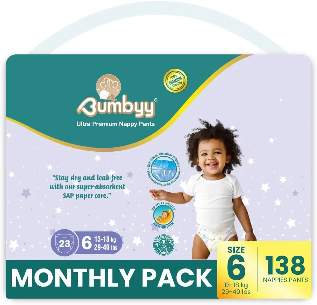 Bumbyy Premium Nappy Pants - Baby Nappies Size 6 (13-18kg) - 138 Count Savings Pack with Ultra-Absorbent SAP Core - Chemical Free and dermatologically Tested Soft & Thin Pull ups for Sensitive Skin