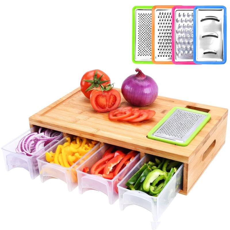 Bamboo Cutting Board with 4 Containers, Large Chopping Board with Juice Grooves, Easy-Grip Handles & Food Sliding Opening, Carving Board with Trays for Food Storage, Transport, and Clean-Up Kitchen 0
