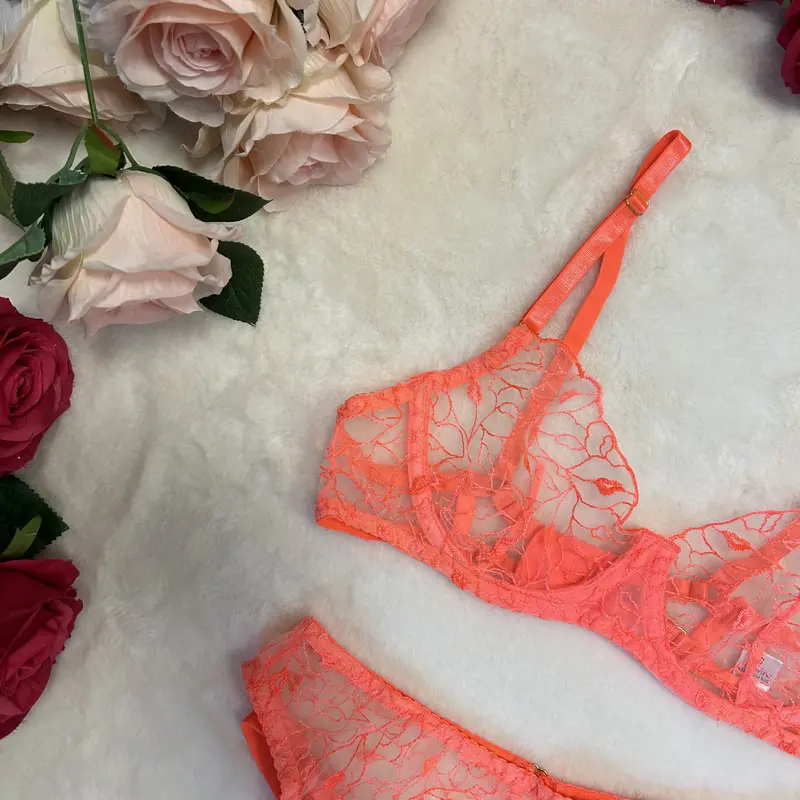 Liliosa Lingerie High Quality Delicate Coral 3 Piece lingerie set - (Bra + Garter + Pants) Comfortable Underwear Womenswear, Adjustable Fit Spaghetti Straps,  Elegant Quality Breathable Fabrics Lace, Girl Gift Soft Matching Bridal Style 1