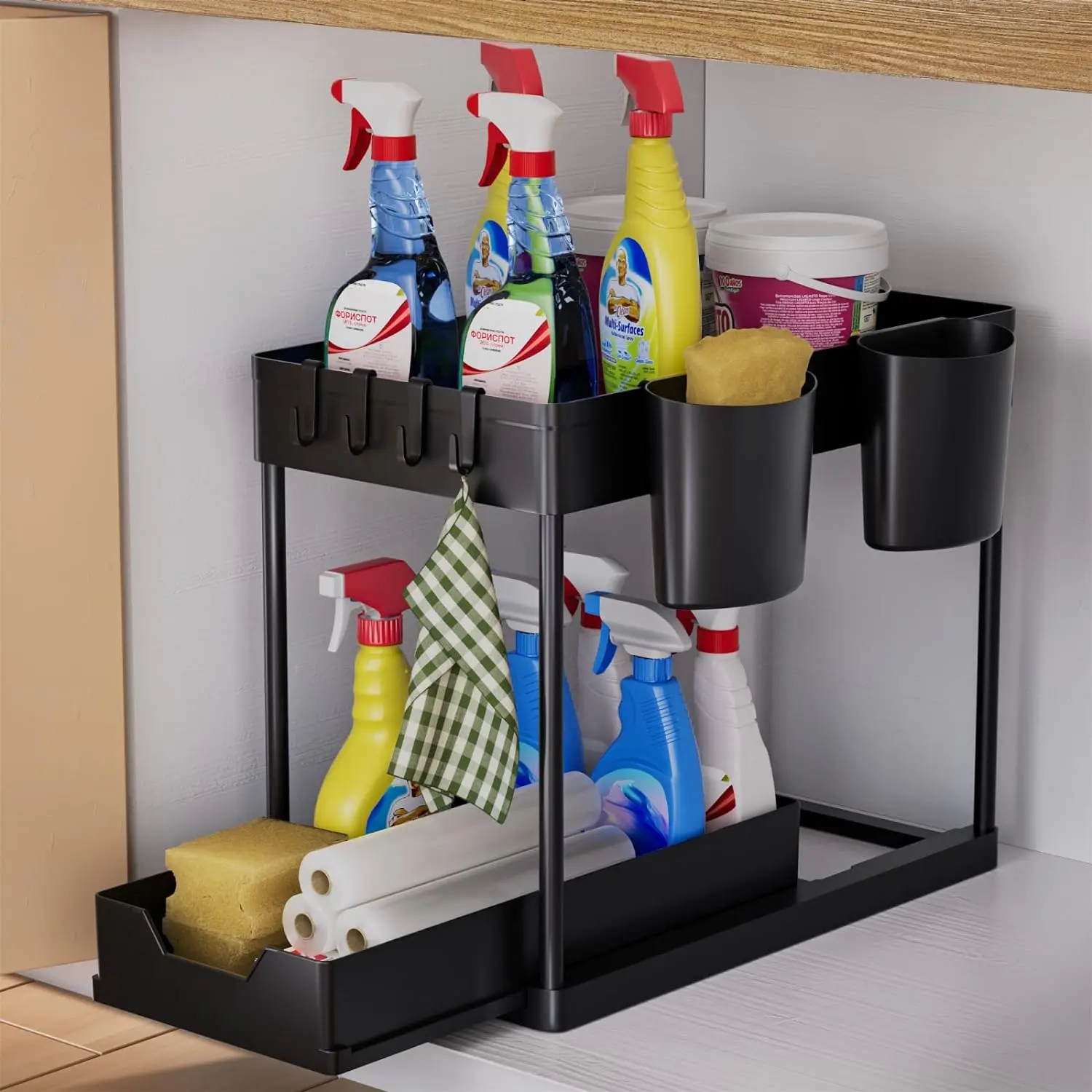 Under Sink Storage Kitchen Organiser, Bathroom Storage 2 Tier Pull Out Kitchen Storage Cupboard Organiser Under Sink shelf, Home Organisation for Cabinet Hanging Racks