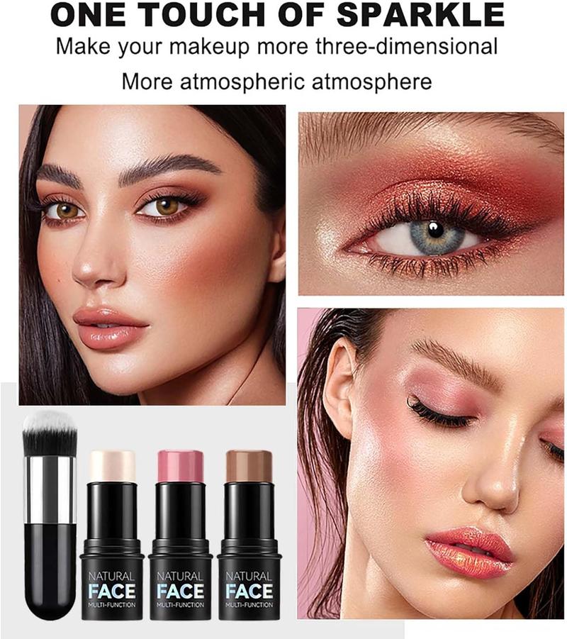 Product Introduction of Contour, Highlight, and Blush Stick Set - 3pcs with Brush, Long-Lasting Formula, Waterproof, Lightweight, Multi-Stick Face Makeup Ideal for All Skin Types Bronzer Smooth Brightening Cream 3