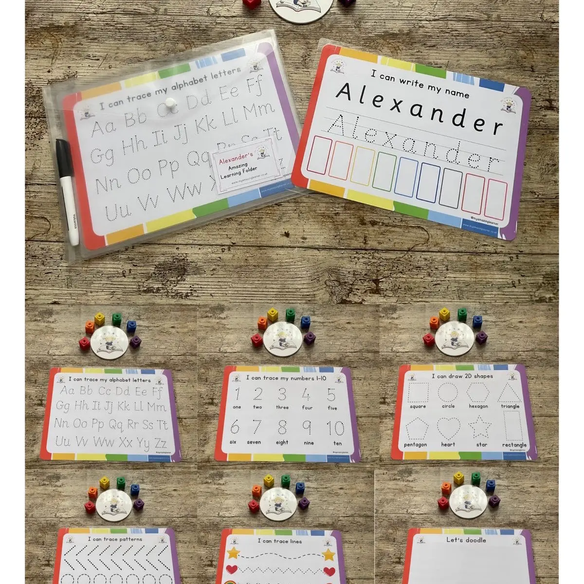 Starter Learning to Write Pack for 3-5 Year Olds with Personalized A4 Popper Wallet and Free Wipe Pen