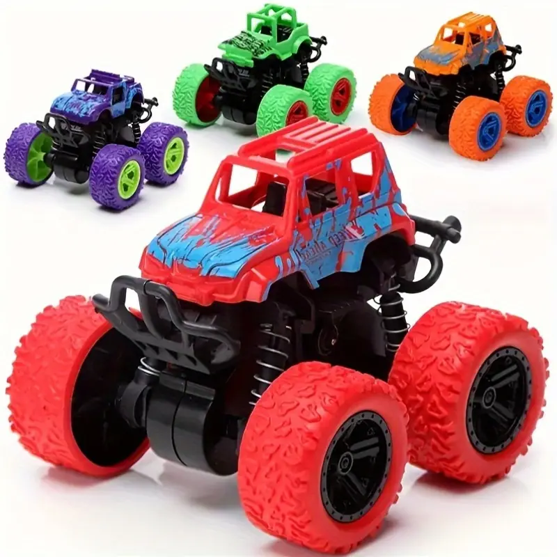 Monster Truck Playset - Set of 4 Inertia-Driven Vehicles, 360° Stunt Rotation Off-Road Toys, Durable Impact-Resistant, Dual-Direction Friction Powered Trucks for Kids, Perfect for Birthday and Halloween Gifts - Suitable for Ages 3-6 Years 1