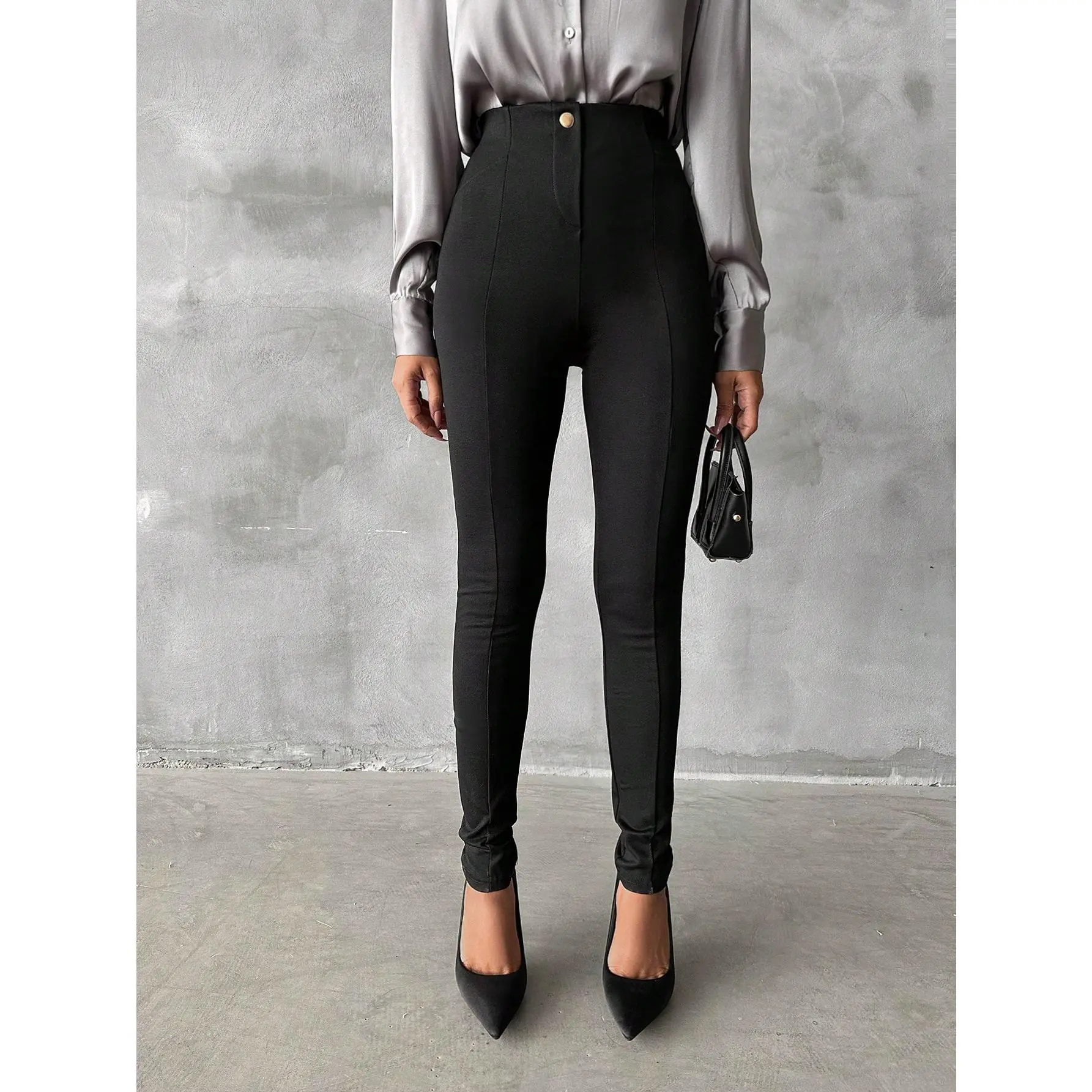 High Waist Solid Color Button Decor Skinny Sexy Long Pants Fit Womenswear Minimalist Casual Black Basic Trouser Fabric Comfort Bottom
