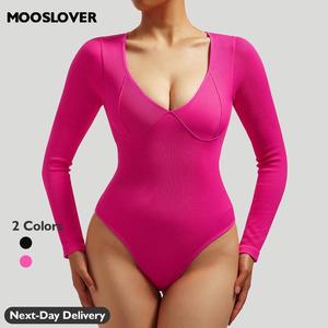 Mooslover UK Women Sexy Long Sleeve Ribbed Knit Bodysuit Casual Fit Fabric