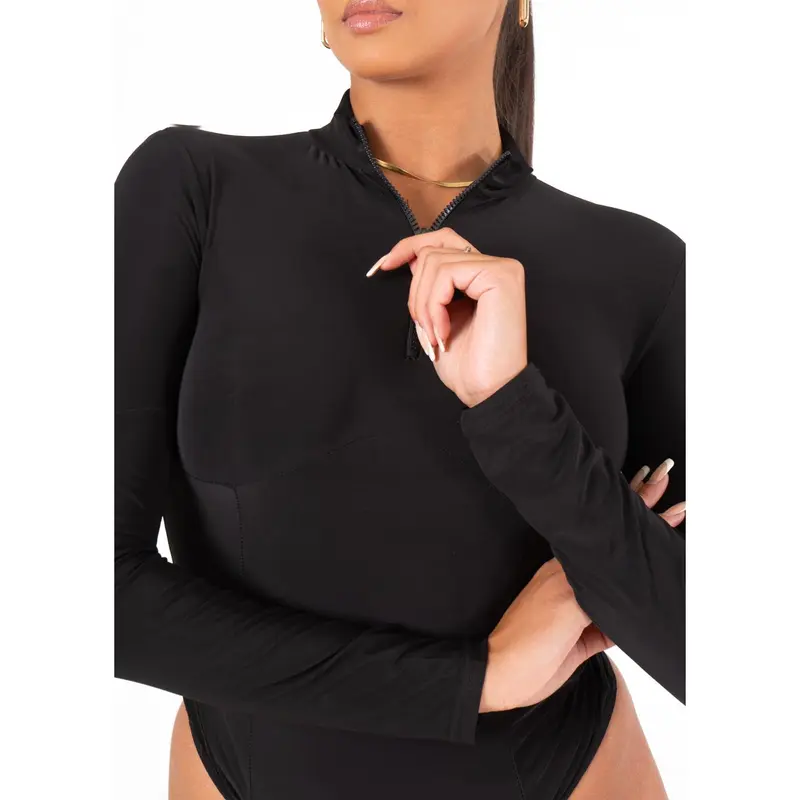 Black Zip Corset Detail Long Sleeve Bodysuit 2