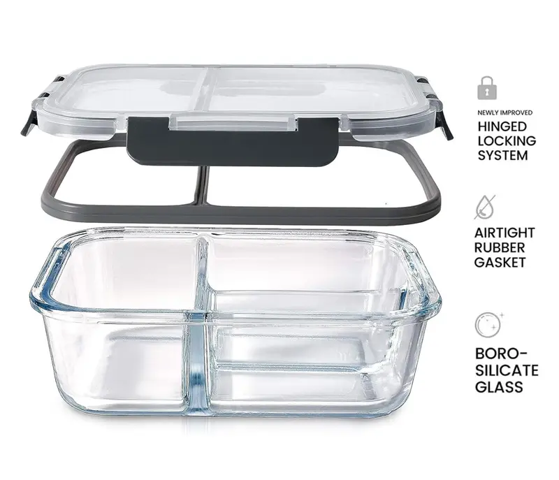 Houszy 3 Compartment Glass Food Storage Containers with Airtight(Pack of 3), Leak-Proof Snap-Lock Lids - BPA-Free, Microwave, Dishwasher, Oven, & Freezer-Safe Lunch Boxes Kitchen Utensils Sturdy Set 6