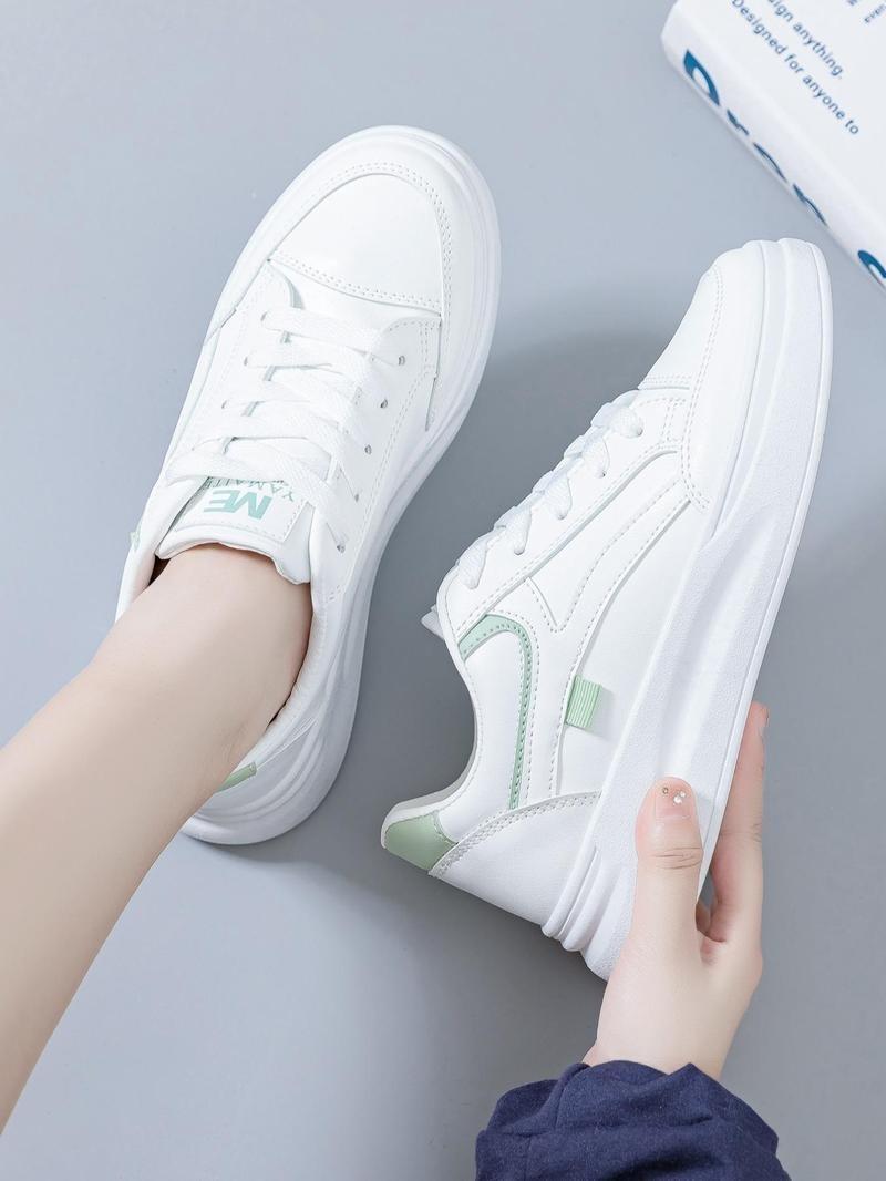 Product Introduction of Women's Fashion Plain Lace Up Front Low Top Skate Shoes, Casual Lightweight Breathable Comfortable Patched Design Sports Shoes, White Sneakers for Daily Wear Running Runner Training Trainer Walking Shoes Closed Athletic Footwear 10