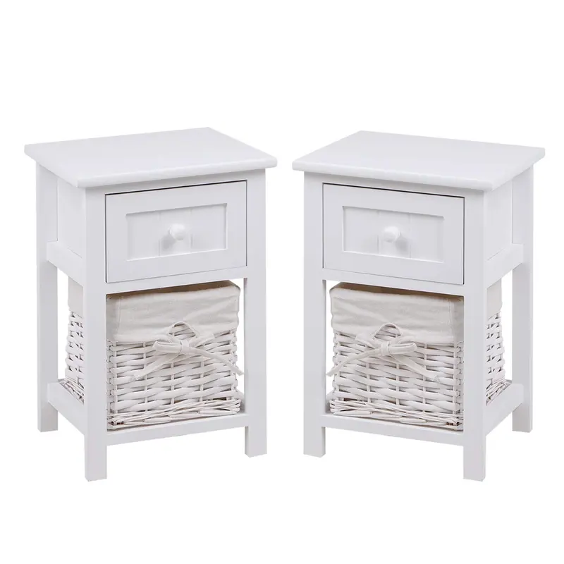 Joolihome Bedside Tables Set of 2,Bedside Cabinet,White 1 Drawer 1 Basket Nightstands for Bedroom,Living Room,Narrow Side Tables 0