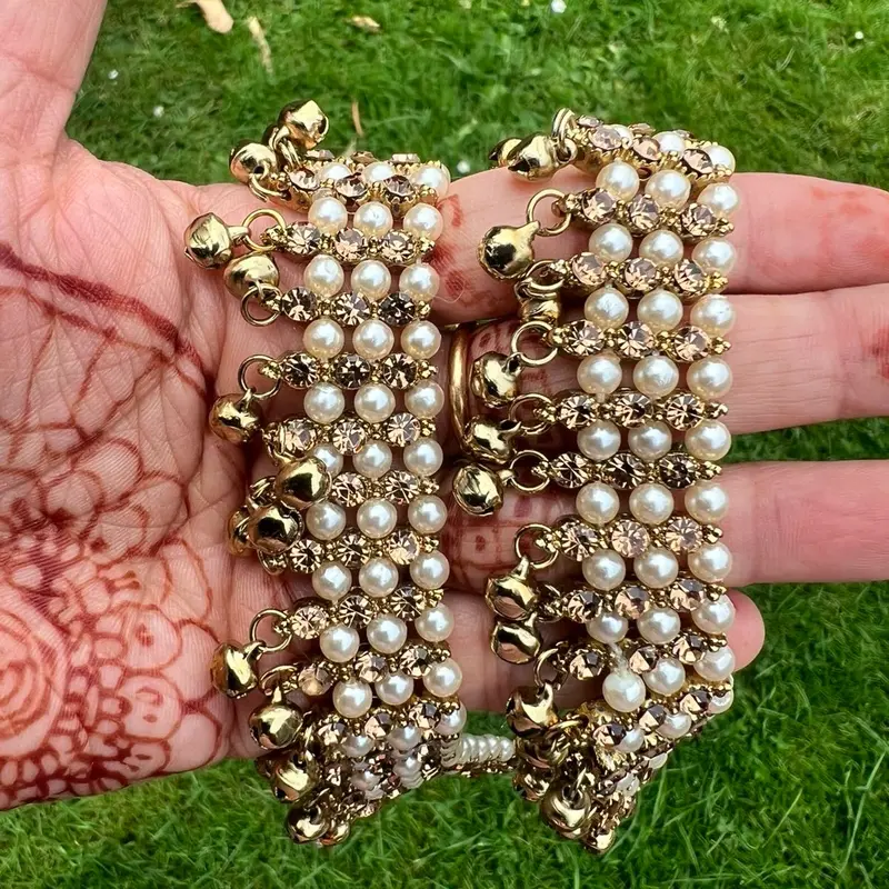 Pair of Antique Gold Kundan Indian Asian Payals Anklets with Bells Bridal Wedding 2