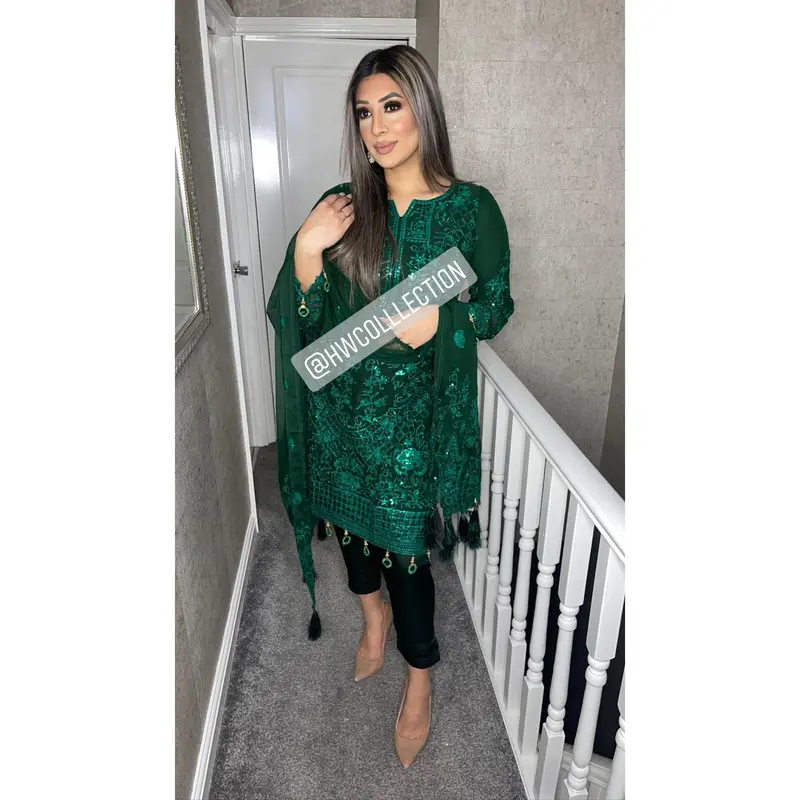 3pc Green Embroidered Shalwar Kameez with Chiffon dupatta Stitched Suit Ready to wear GC-GREEN 2