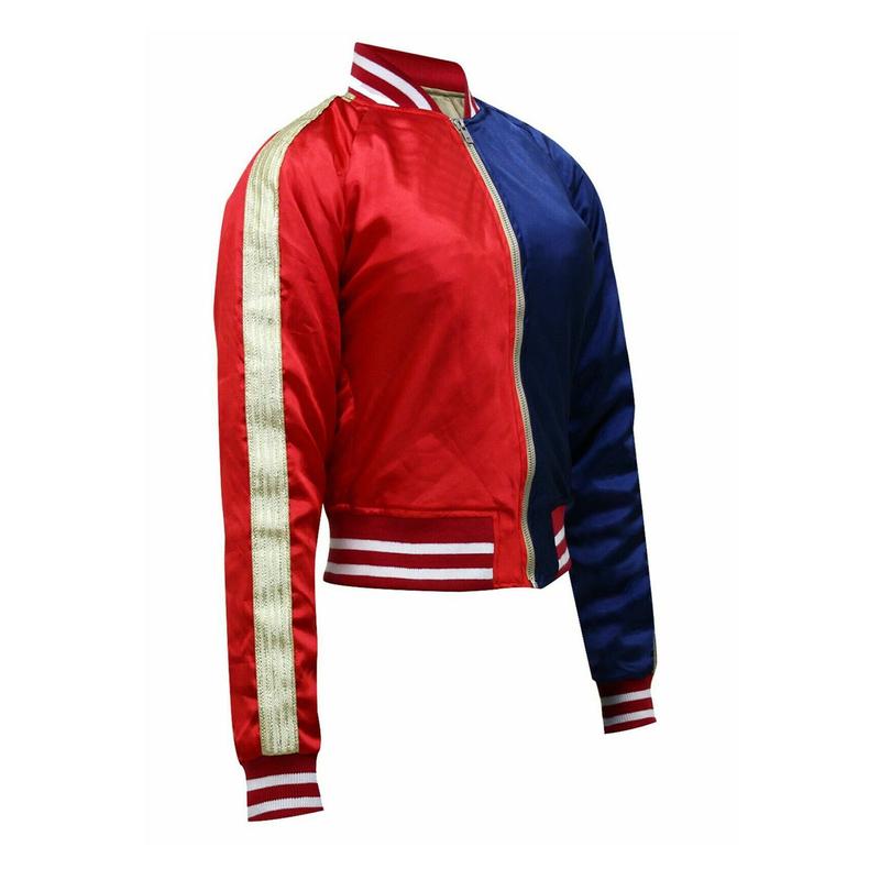 Women's Harley Quinn Bomber Jacket - Leggings - Shorts Red Blue Shiny Cosplay Zip Up - Halloween Costume - Plus Size - Long Sleeve, Womenswear 6