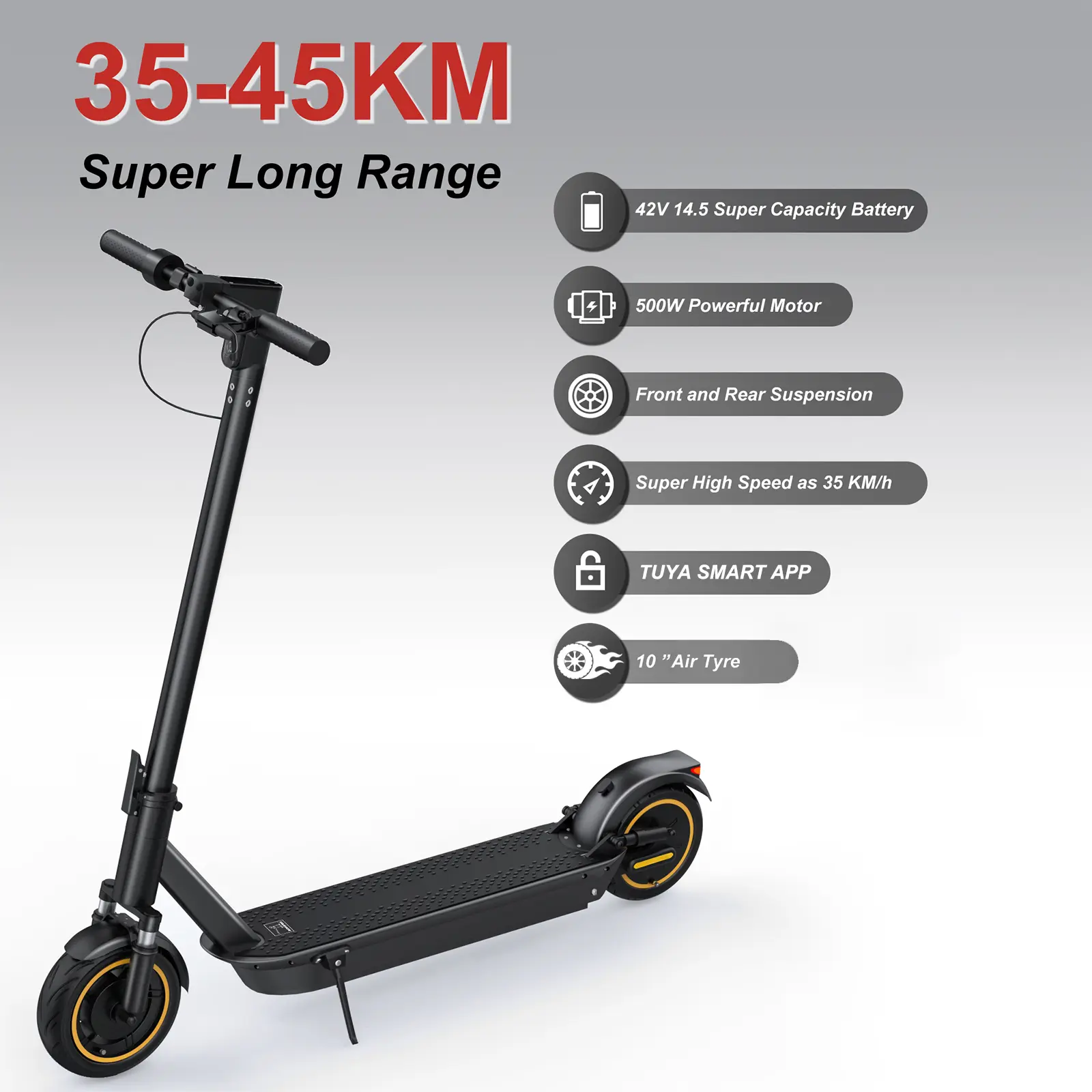 AOVOPRO Esmax High-Speed Electric Scooter - 42V 14.5Ah Lithium, 10" Air Tyres, 500W Motor, Aluminum Alloy, Dual Brake System, LED, App Control, 35-45KM Range, 25km/h Max Speed, Portable & Foldable, Black/White EScooter