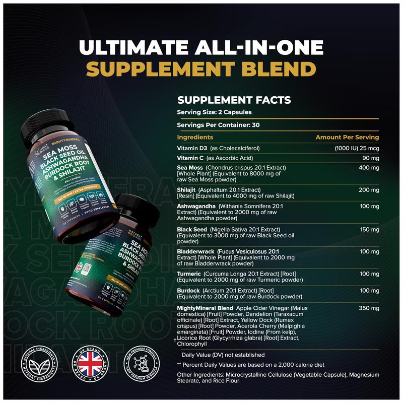 MightyMineral - Shilajit 4000MG, Sea Moss 8000MG, Ashwagandha 2000MG, Black Seed 3000MG, Burdock Root 2000MG | 5 IN 1 | ALL-IN-ONE | Optimum Healthcare Edible Dietary Natural Wellness & Fitness Supplement Highly Potent Capsules- Vegan 5
