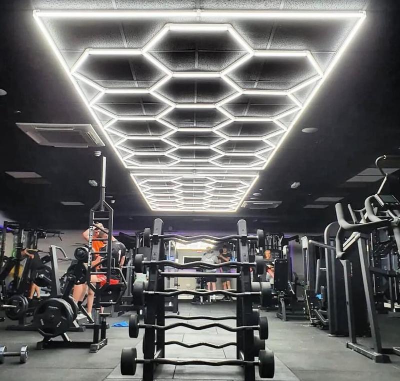 LuxVivend-Hexagon garage Light 6500K 680W 14grid Workshop Autoshop with White Border for Gym Garage Basement Warehouse Car Detailing Shop 6