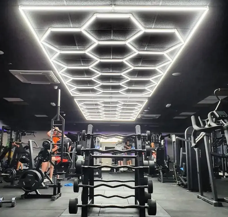 LuxVivend-Hexagon garage Light 6500K 680W 14grid Workshop Autoshop with White Border for Gym Garage Basement Warehouse Car Detailing Shop 5