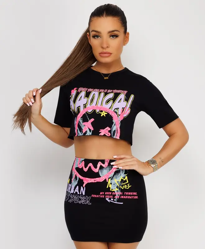 Lexi Fashion Womens Neon Pink Radical Print Graphic Crop Top And Mini Bodycon Skirt Festival Rave Outfit 2 Pcs Co Ord Set UK Size Short Womenswear Comfortable 0