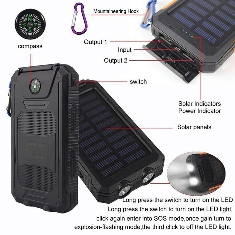 Waterproof 20000mAh Solar Power Bank LED USB Battery Charger iPhone Mobile Phone Smartphone 8