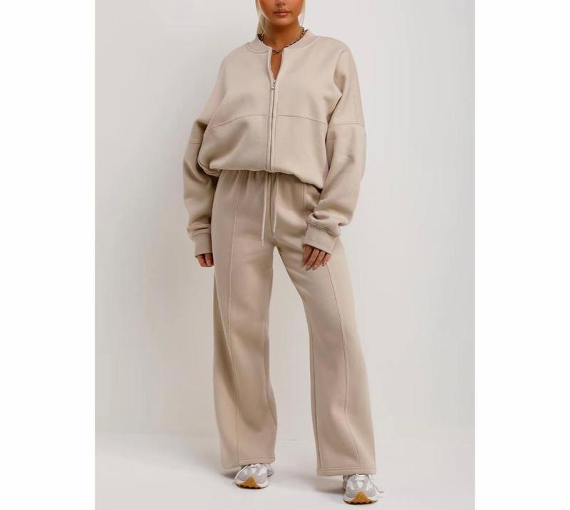 Bomber Sweatshirt With Zip And Joggers Loungewear Set Oatmeal Womenswear 5