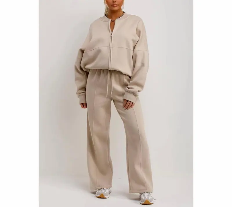 Bomber Sweatshirt With Zip And Joggers Loungewear Set Oatmeal Womenswear 5