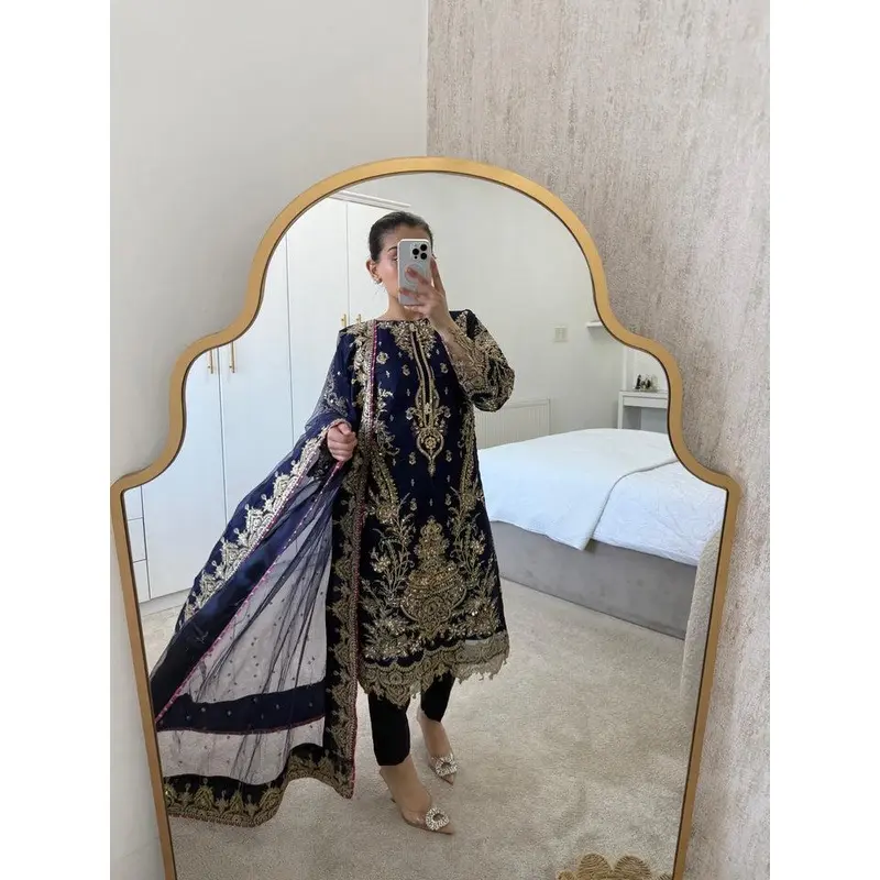 Navy Elegance - chiffon embroidered shirt and duppata with trouser. 3