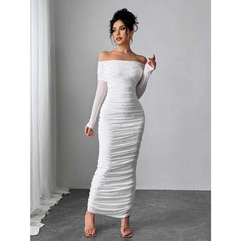 Firerie Women's Elegant White Open Shoulder Pearl Decor Ruched Slim Fit Maxi Dress, Graceful And Romantic For Party, Valentine's Day Fabric Formal 2