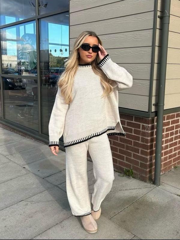 women's knitted lounge wear ladies wide leg palazzo top trouser tracksuit 7