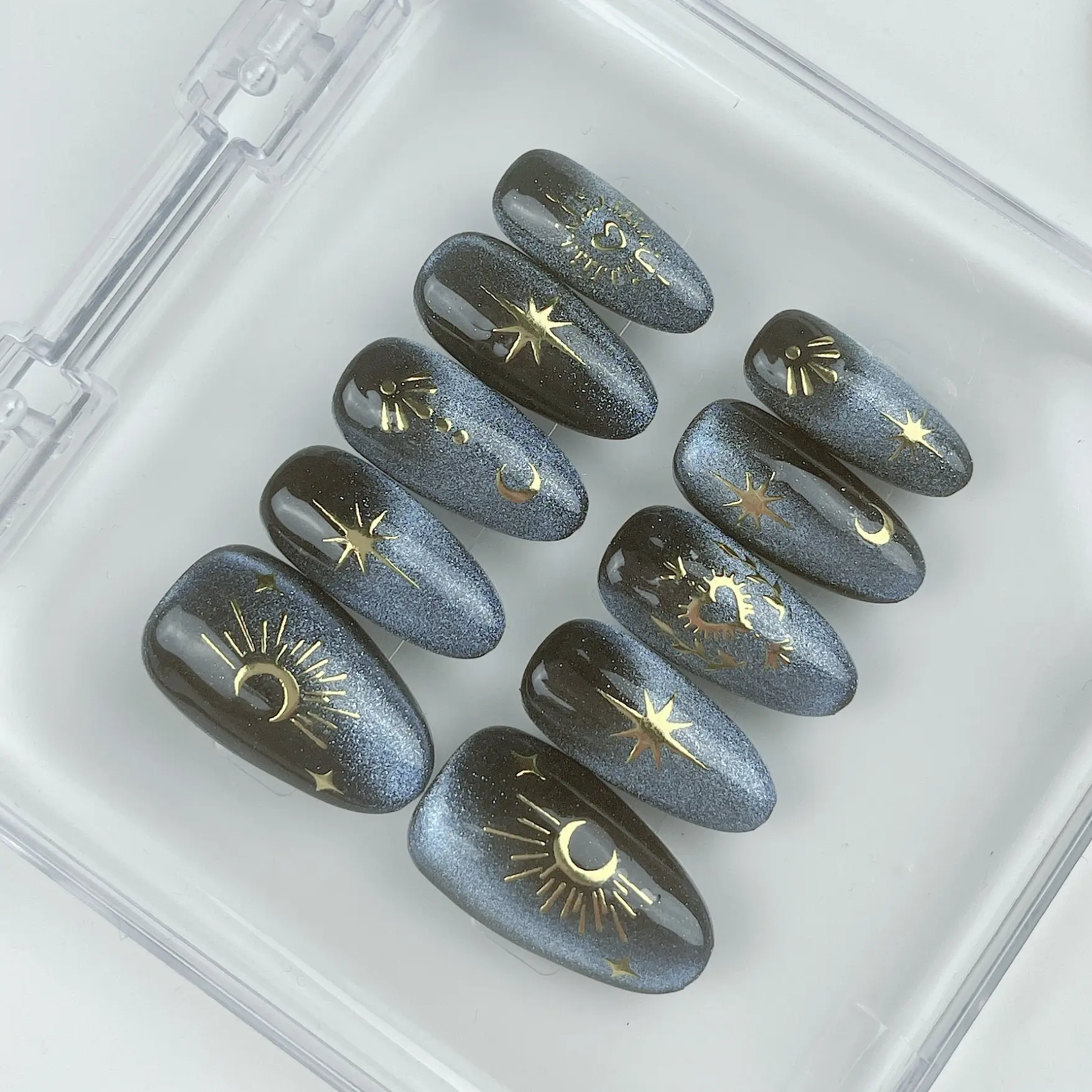 K21**Celestial Dreams** - Handmade Press On Nails, Salon Acrylic Gel Quality, 10pcs, False Nails, Medium Almond, luxury design, premium quality False Nail By Illuminails Nail Polish Manicure