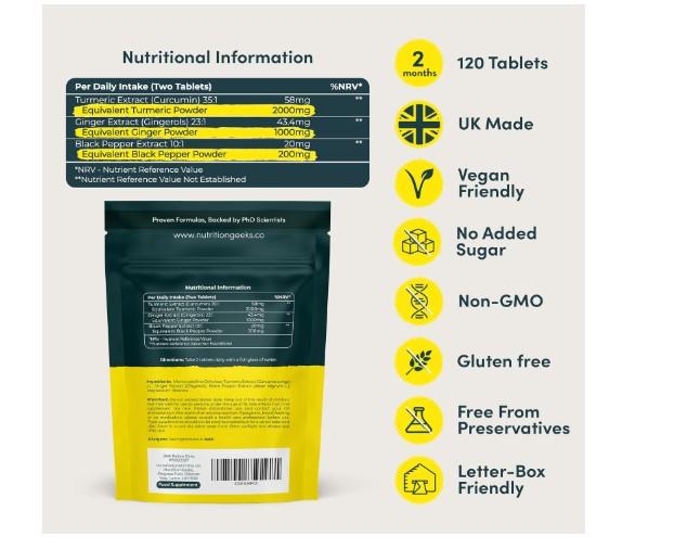 Nutrition Geeks Turmeric Tablets 2000 mg with Black Pepper & Ginger, High Strength Curcumin Supplements, Vegan and Gluten Free, UK Made, 120 Count 4
