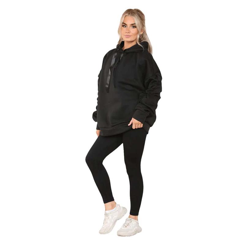 Womens Ruched Sleeve Oversized Hooded With Ribbon Ladies Sweatshirt Jumper Top 2