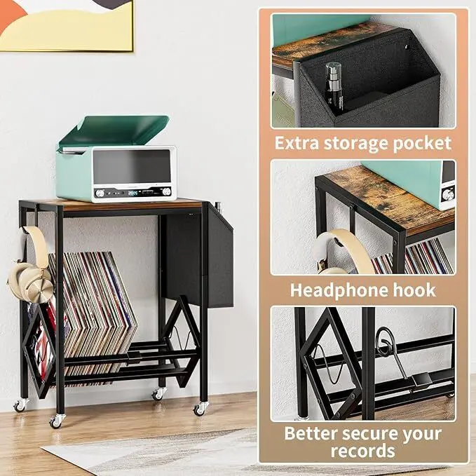 Record Player Table  Hold 80 Albums Turntable Stand with  Pocket and Wheels 2