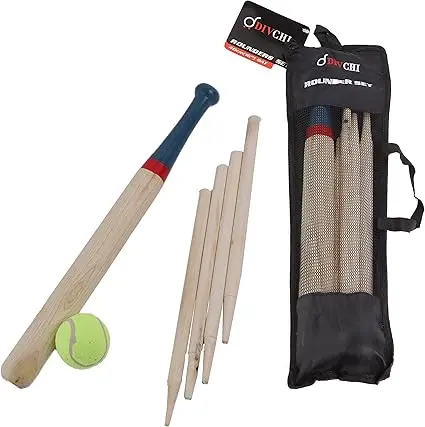6 Piece Wooden Rounders Set & Carry Bag - Baseball Bat & Soft Tennis Ball Garden Fun Play Set 1