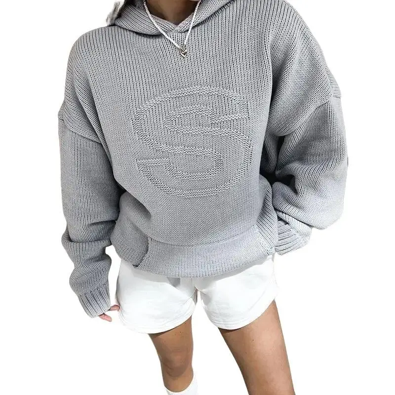 2024 AutumnWinter Women'S New Y2k Hooded Personality Letter Knit Trend Loose Hoodie  Check Womenswear Sweatshirts Tops Comfort Long Sleeve Pullover Bridal Basic Casual Minimalist