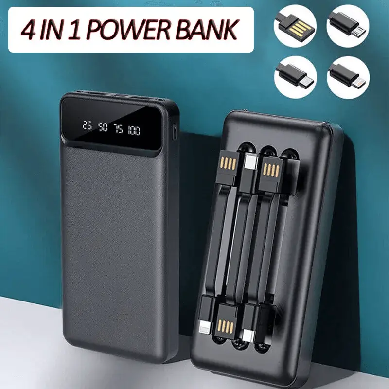 Portable Power Bank USB-C Fast Charger Portable Battery Pack for Mobile Phone with digital display- UK Cable Charging Chargeable for Smartphone - Black