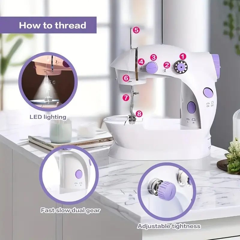 1/2pcs Portable Multifunctional Sewing Machine, Household Mini Electric Sewing Machine, Dual Line 2-speed Desktop Sewing Machine with Pedal Night Light, Suitable for Beginners, Household, Christmas Gifts, Holiday Gifts, Birthday Gifts, Violet 3