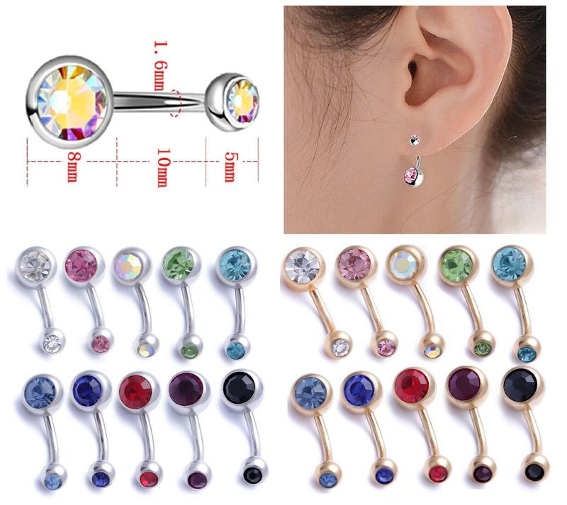 Belly Bar Surgical Steel Double Crystal Gem Navel Bar Cubic Zirconia Button Ring Belly Button Bars Body Piercing jewelry Belly Barbell Navel Rings 2