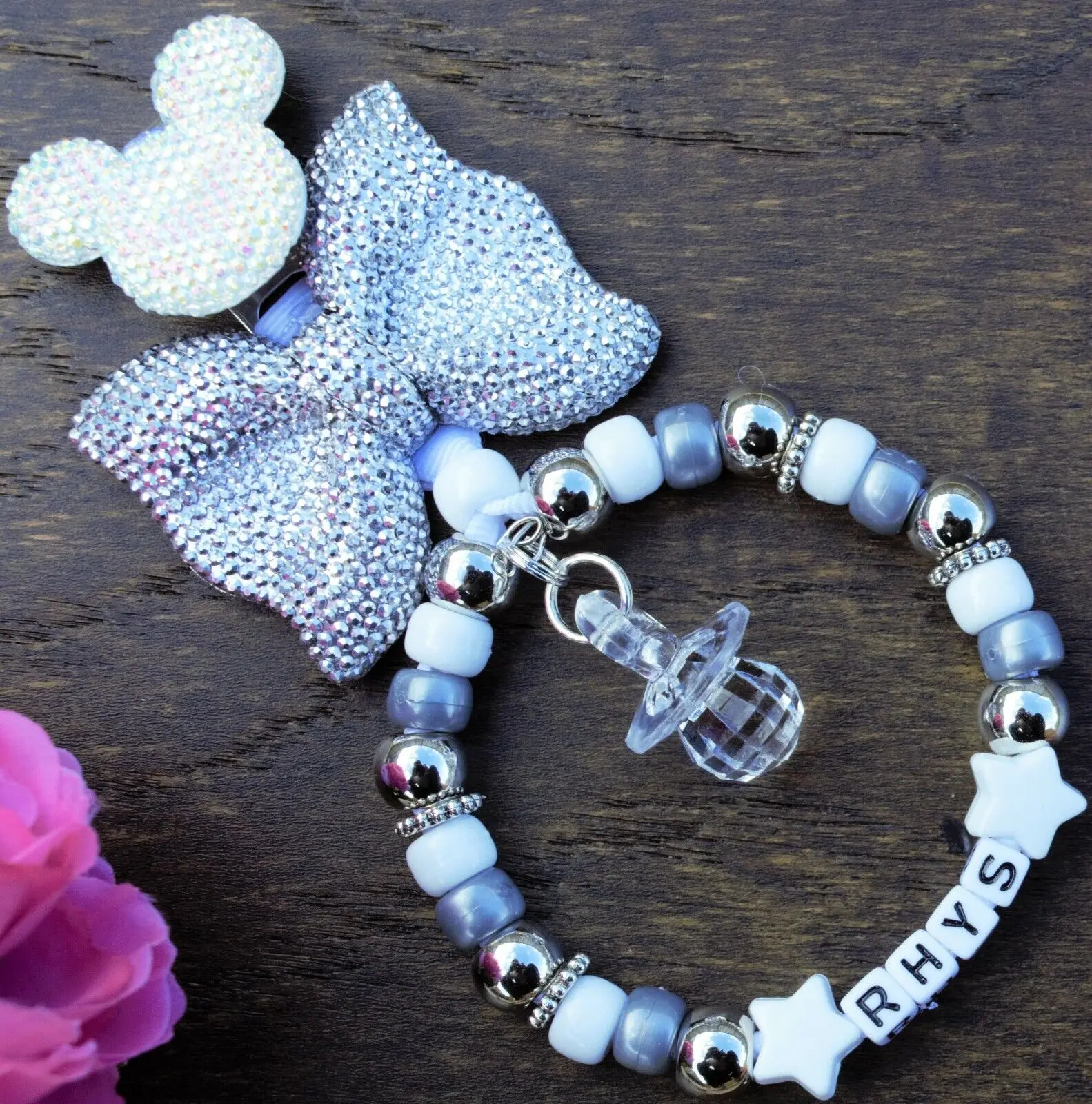 Personalised pram charm in Silver bow Grey beads baby girls boys