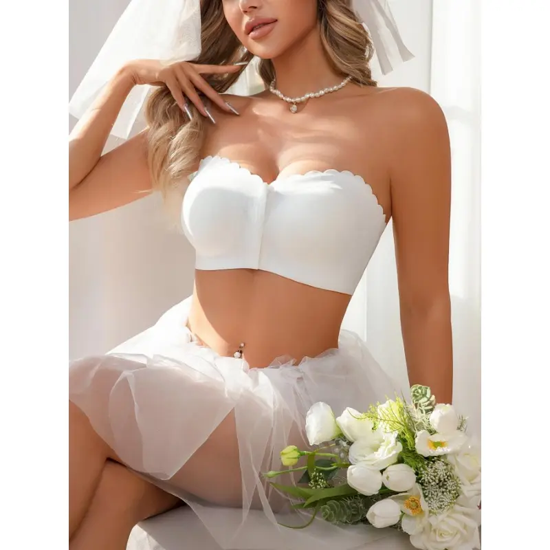 Women's Solid Scallop Trim Hook & Eye Front Wireless Bandeau Bra, Comfortable Breathable Seamless Strapless Bralette for Daily Wear, Lingerie Top for All Seasons 4