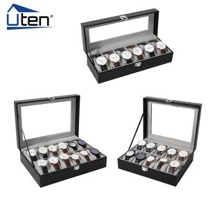 Uten Watch Box with 6/10/12 Slots, Watch Case with Glass Lid, Watch Display Box with Removable Watch Pillows, Metal Clasp, Gift Idea, Black Synthetic Leather, Grey Lining