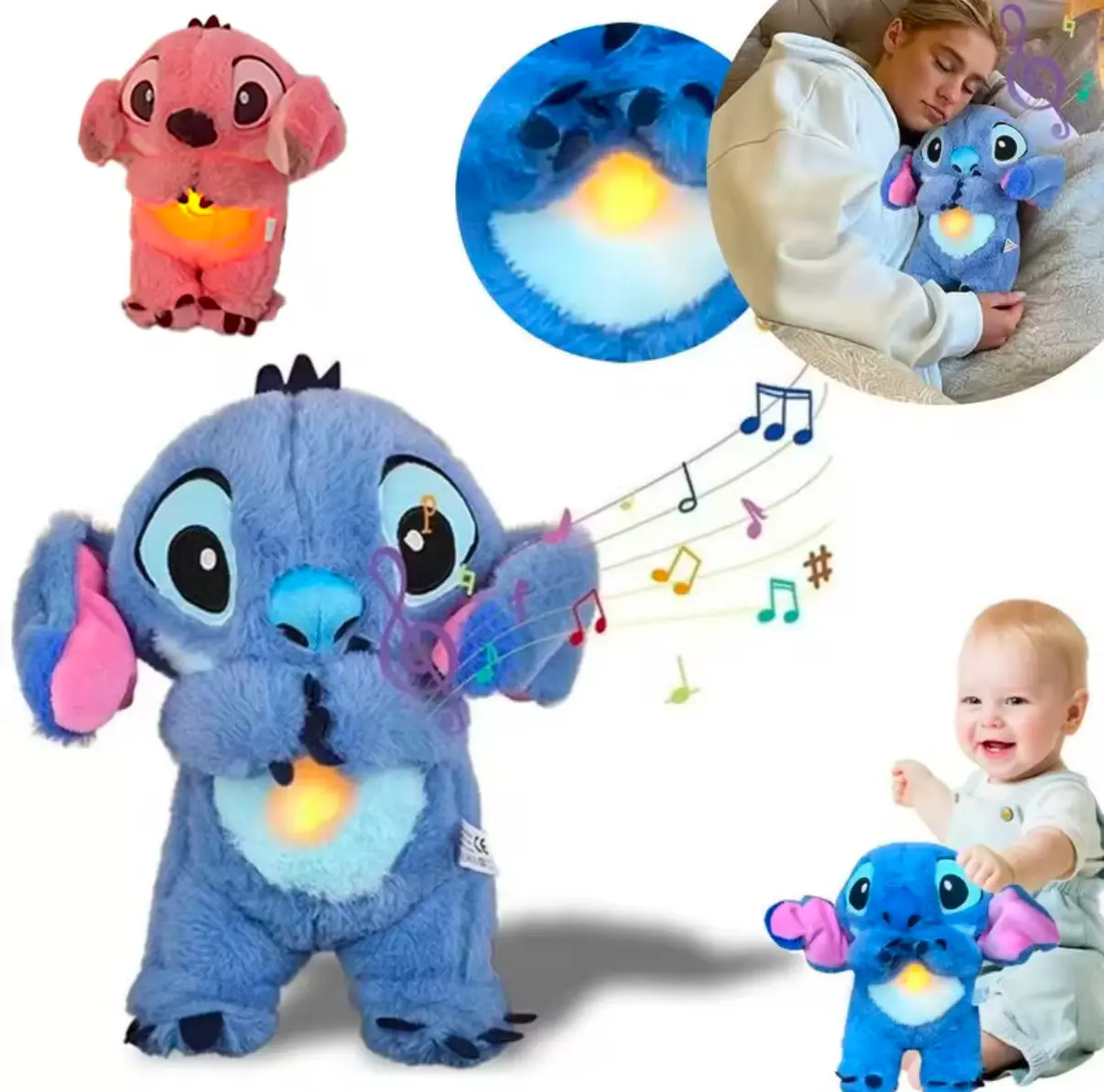 Soft Cute Plush Toy Breathing Musical 30cm, Soft Blue & Pink Stitch Comfy Stuffed Plushie Toys Anxiety Relief Best For Gift Present Birthday Christmas