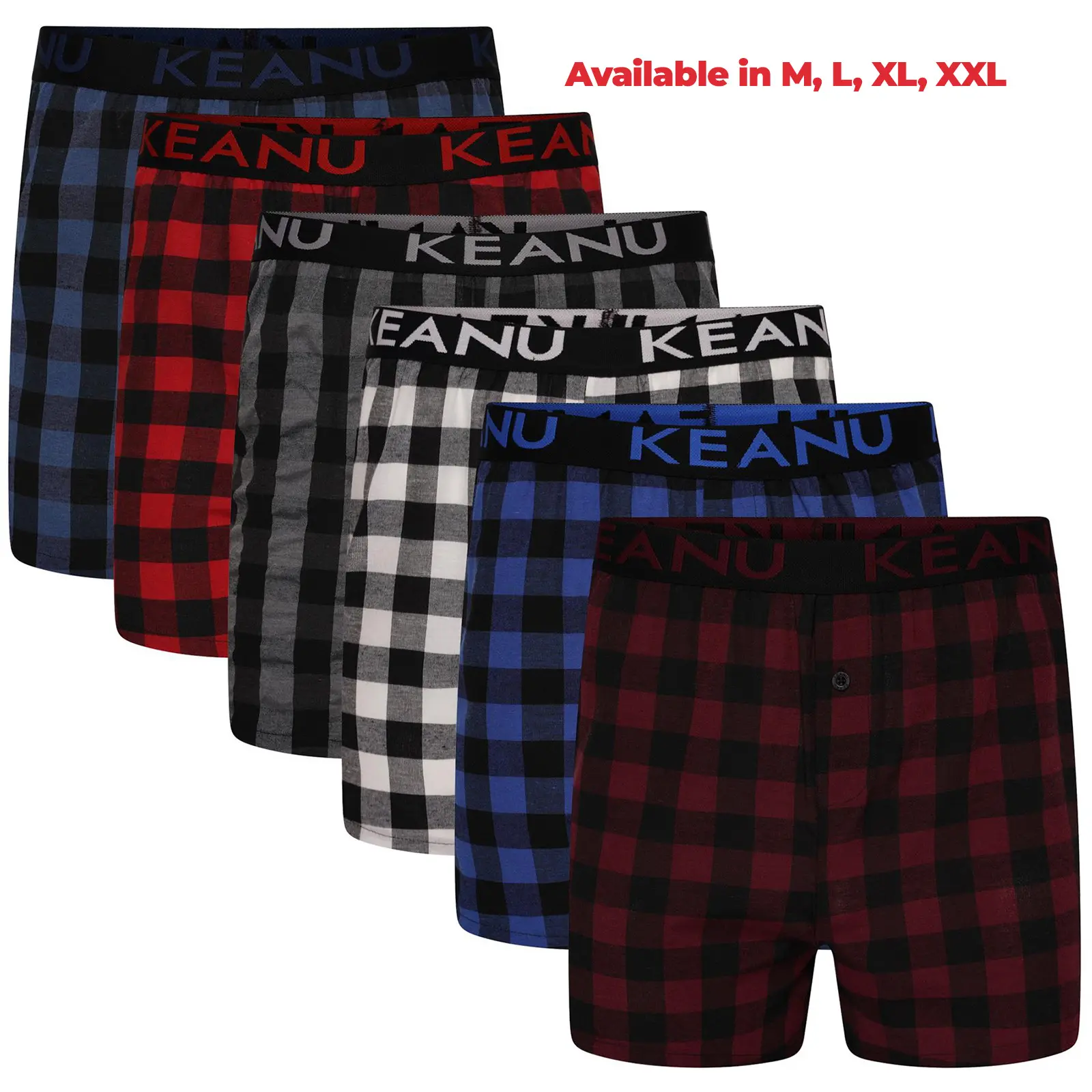 Keanu Mens Buffalo Check Woven Boxer Shorts - 6 Pack - Jacquard Waistband - Polycotton - M L XL 2XL Menswear Soft Underwear Breathable Big Loose
