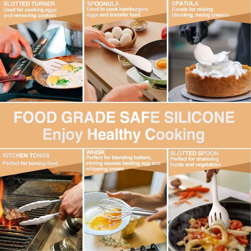 Silicone Kitchen cooking Utensils Set, 22 Pcs Heat Resistant Khaki Cooking Utensils Set, Turner, Tongs, Spoon, Spatula, Kitchen Gadgets Tools Set For Nonstick Cookware 2
