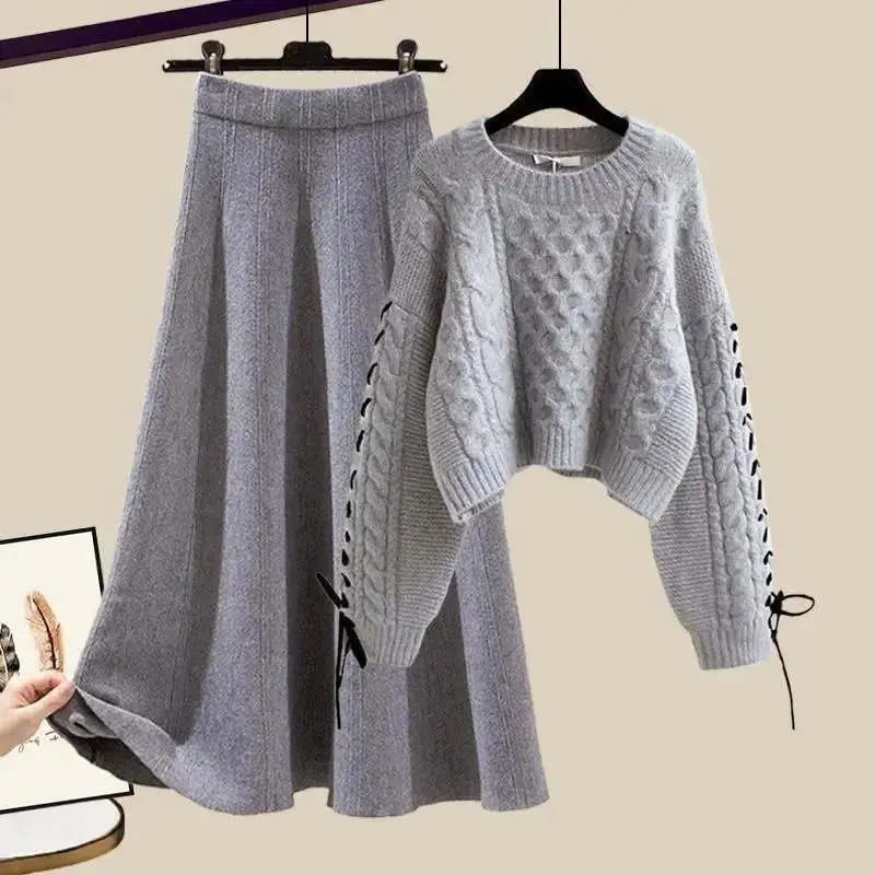 Women's Clothing Autumn/winter Knitted Sweater Skirt Suit Design Sensibility Slimming 2-piece Set Set Women's New Korean Edition Age Reducing Loose Sweater High Waist Mid Length Half Skirt Casual Personality Harajuku Style Two Piece Set