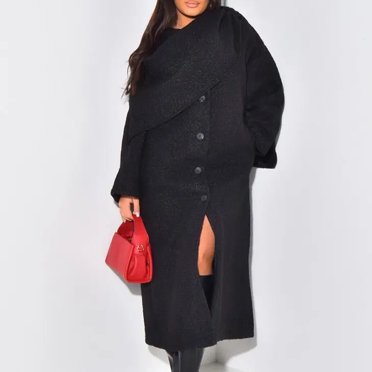 Women's Solid Button Front Drop Shoulder Long Coat with Scarf, Casual Long Sleeve Outerwear for Fall & Winter, Ladies Clothes for Daily Wear One Size Womenswear Chic Comfortable Jackets Lady Fashion Longsleeves Tops 1