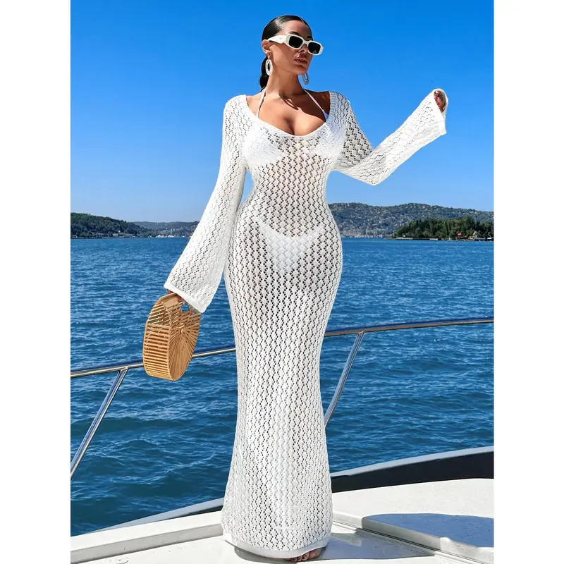 Women's Solid Color Long Knit Sheer Cover Up Dress For Daily Wear, Summer Beach Vacation Casual Fit Party Minimalist Womenswear Sleeve Comfort Fabric Basic Festival 6