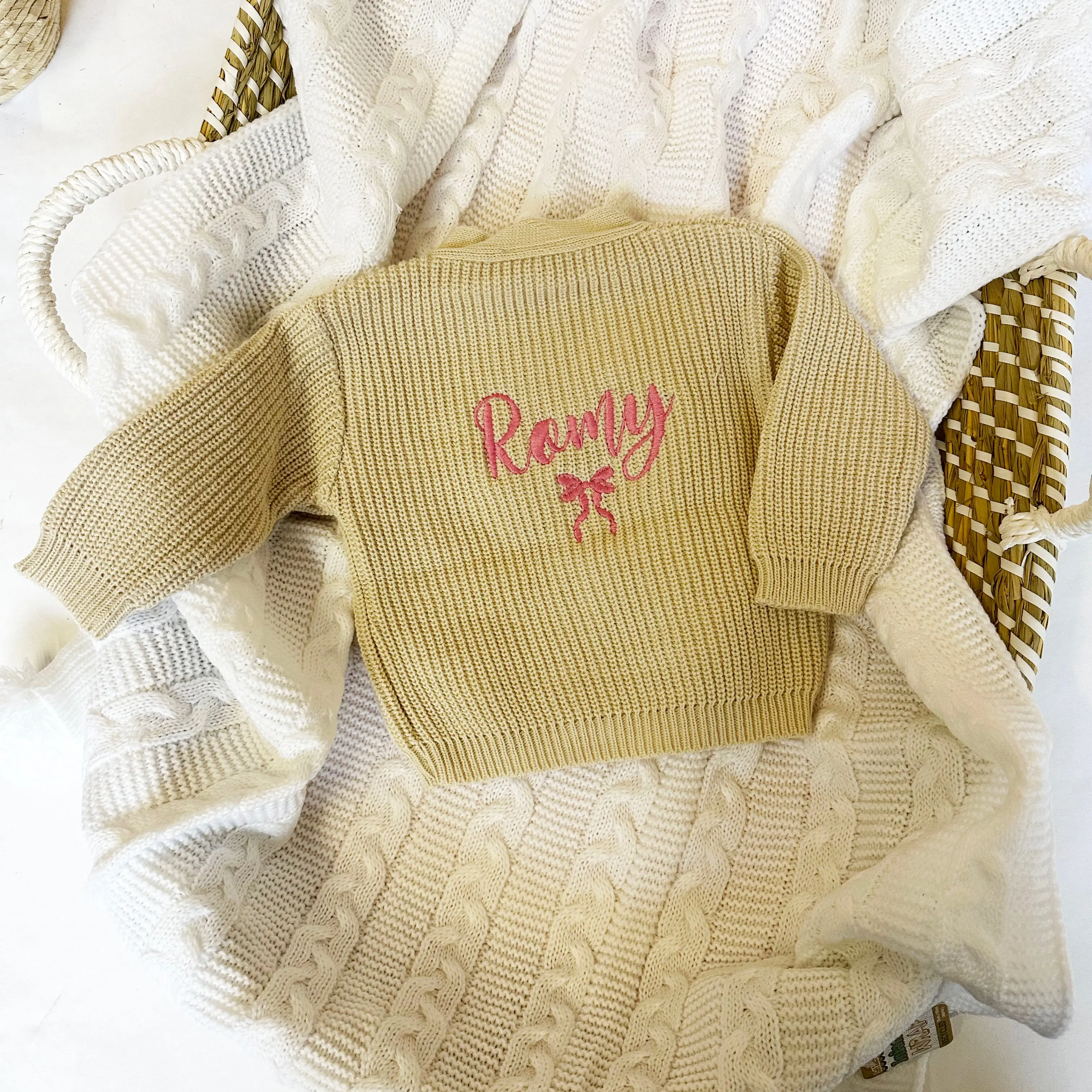 Beige, White or Pink Embroidered Personalised Knit Cardigan with Bow