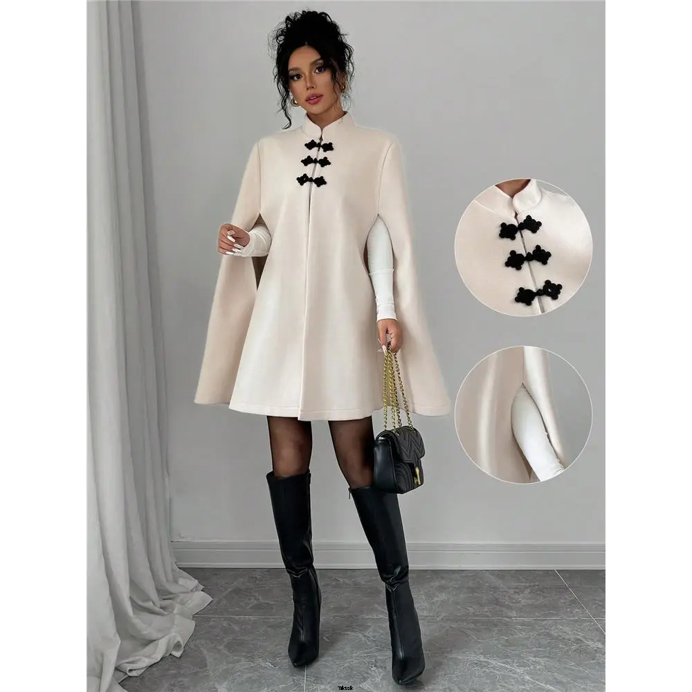 Jacket Autumn and Winter Women's Shawl Button Elegant Priv Tiktok é Stand Collar Contrast Color Chinese Style Cape Style Thick